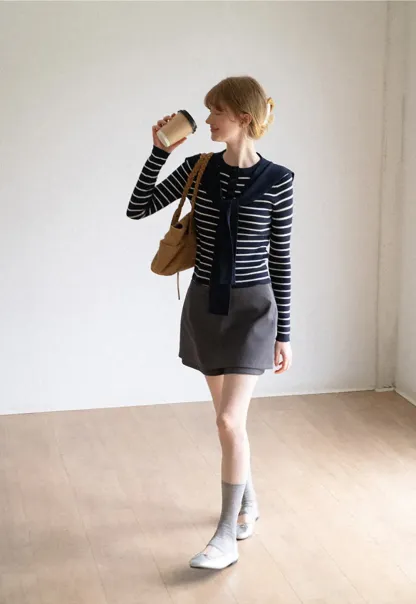 Striped Knit Sweater with Detachable Scarf Collar