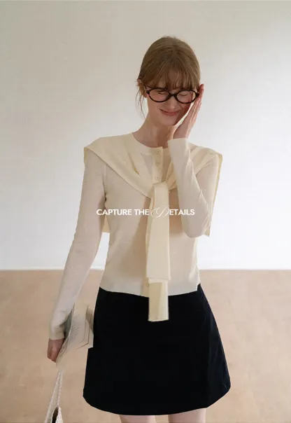 Striped Knit Sweater with Detachable Scarf Collar