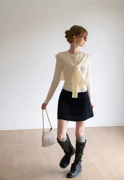 Striped Knit Sweater with Detachable Scarf Collar