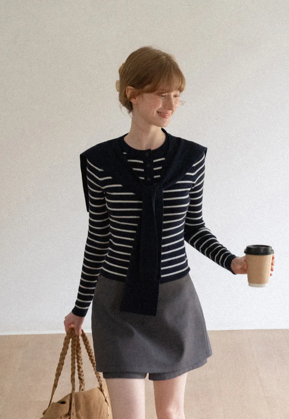 Striped Knit Sweater with Detachable Scarf Collar