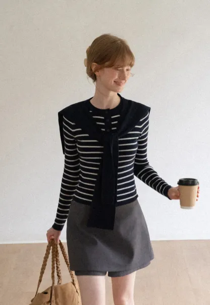 Striped Knit Sweater with Detachable Scarf Collar