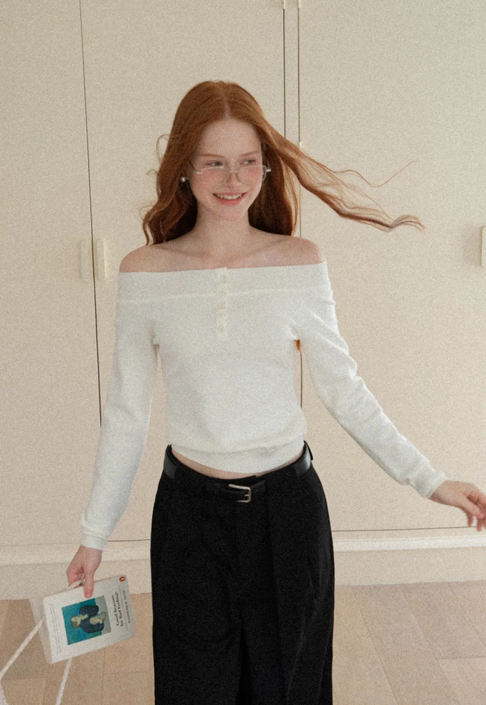 Off Shoulder Henley Long Sleeve Knit Sweater