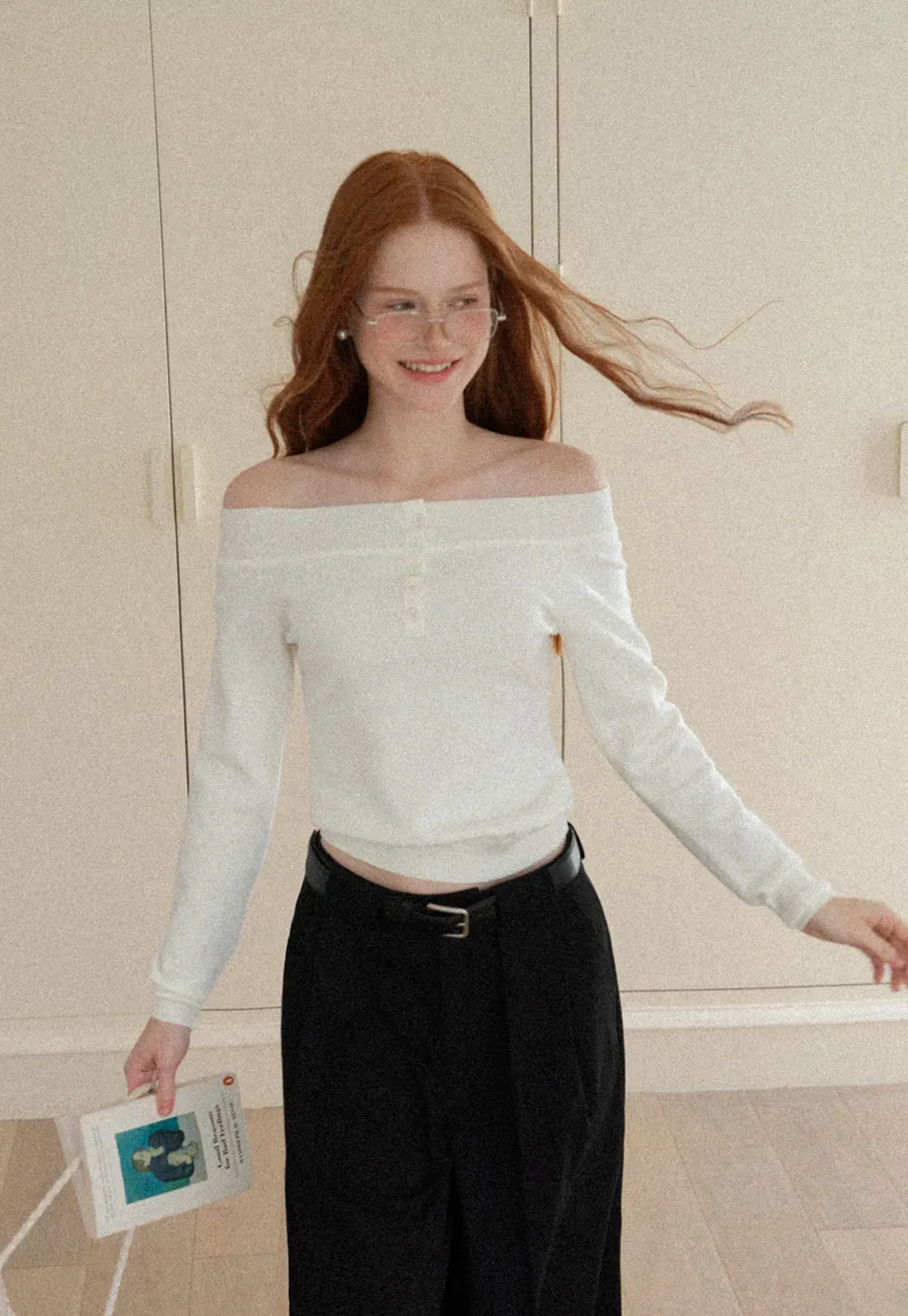 Off Shoulder Henley Long Sleeve Knit Sweater