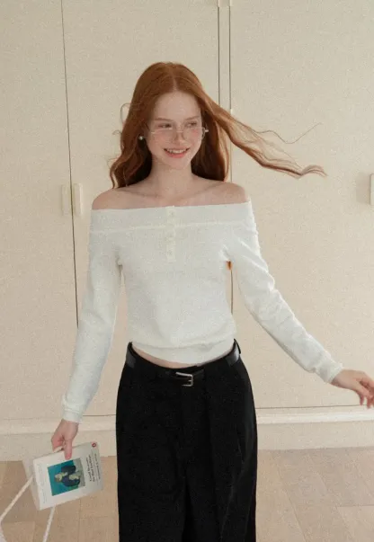 Off Shoulder Henley Long Sleeve Knit Sweater