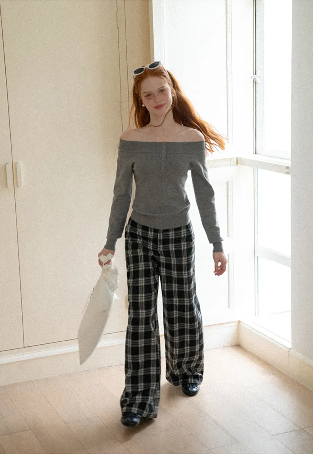 Off Shoulder Henley Long Sleeve Knit Sweater