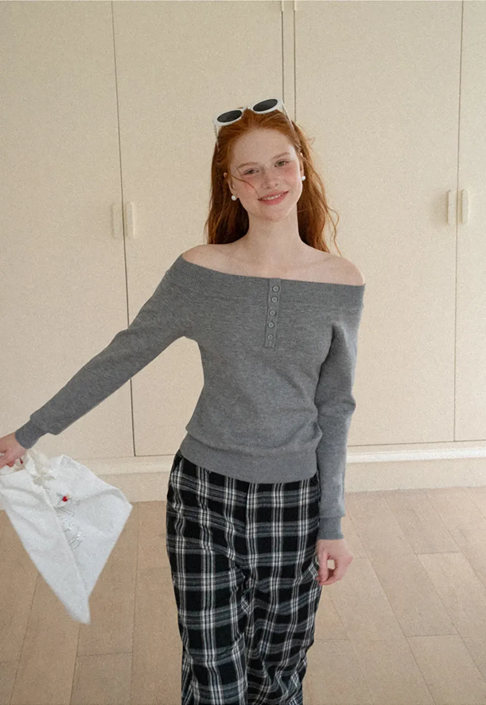 Off Shoulder Henley Long Sleeve Knit Sweater