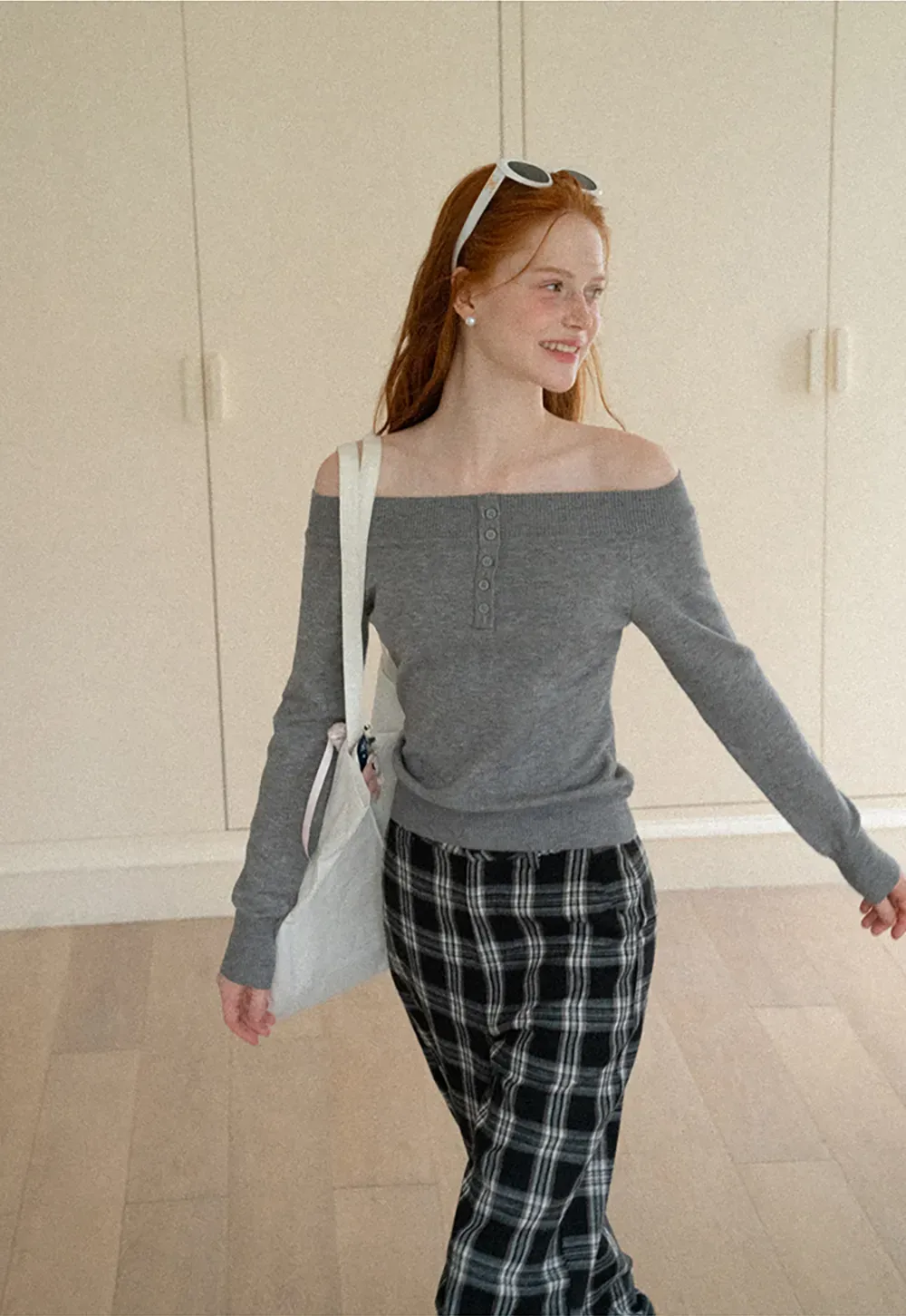 Off Shoulder Henley Long Sleeve Knit Sweater