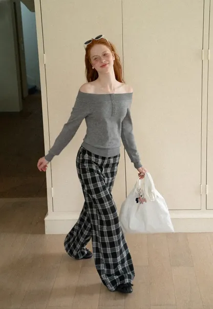 Off Shoulder Henley Long Sleeve Knit Sweater