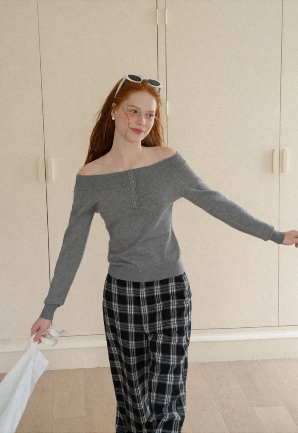 Off Shoulder Henley Long Sleeve Knit Sweater