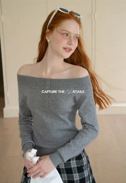 Off Shoulder Henley Long Sleeve Knit Sweater