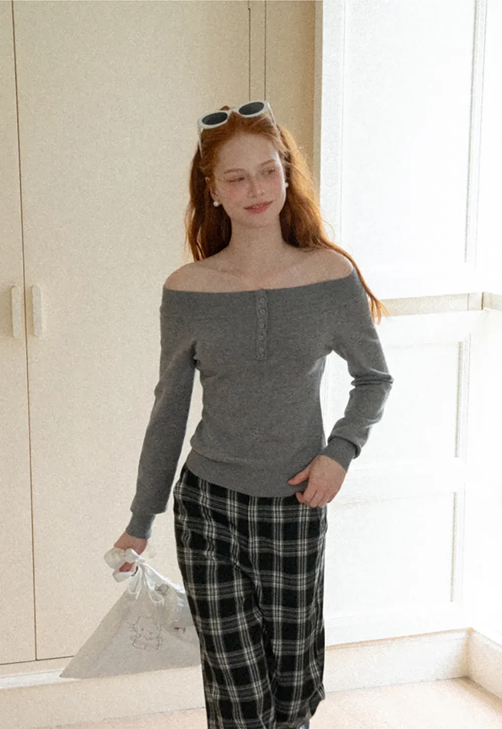 Off Shoulder Henley Long Sleeve Knit Sweater