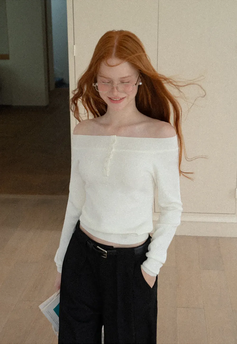 Off Shoulder Henley Long Sleeve Knit Sweater