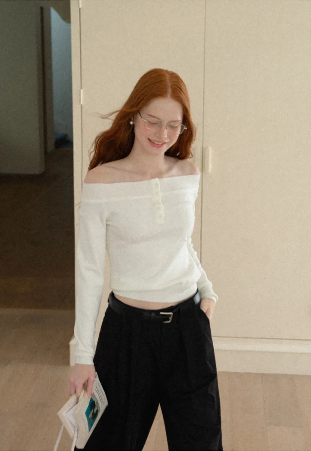 Off Shoulder Henley Long Sleeve Knit Sweater