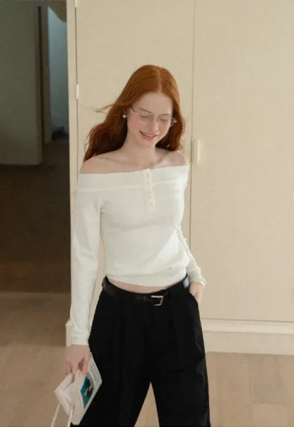Off Shoulder Henley Long Sleeve Knit Sweater