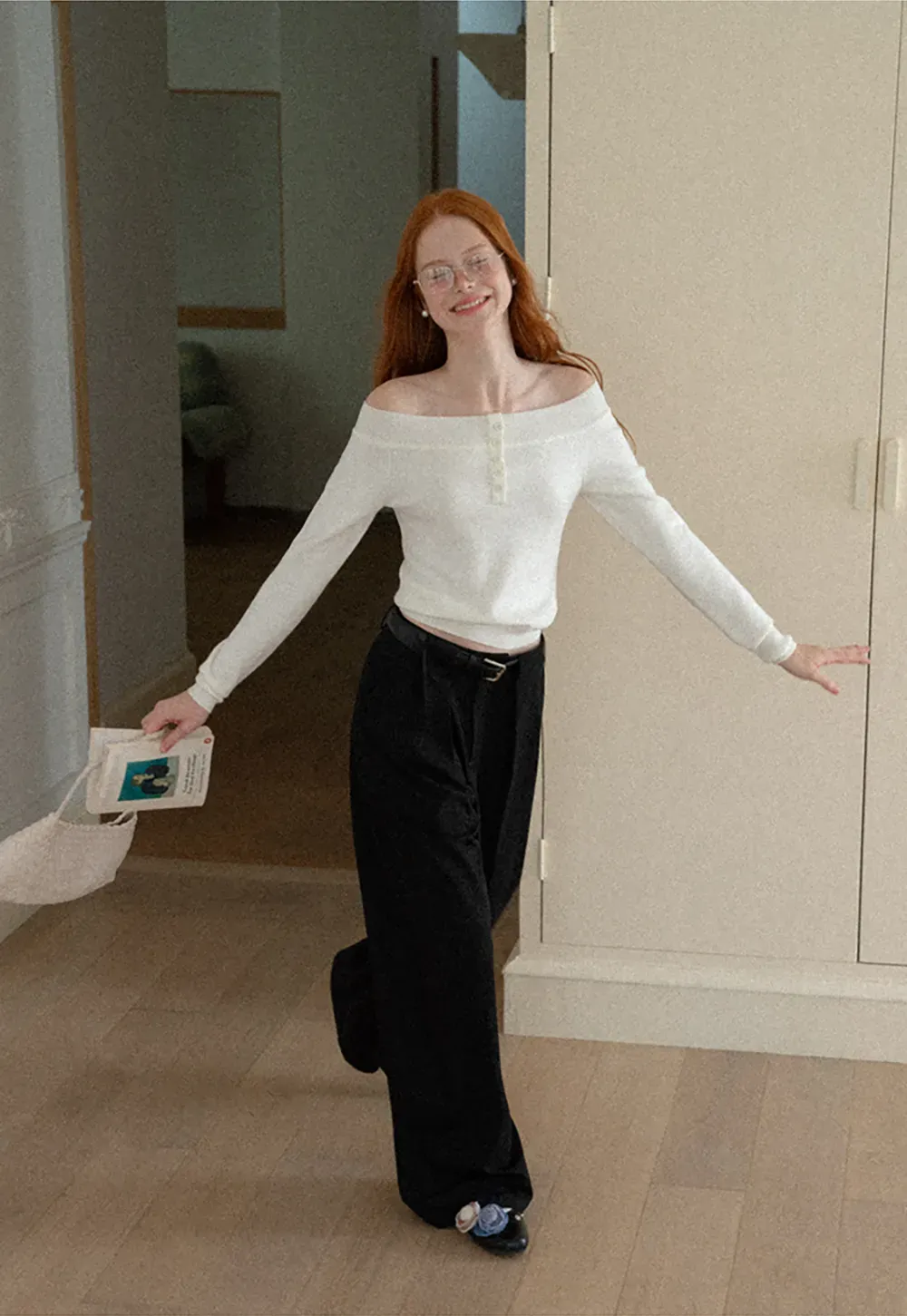 Off Shoulder Henley Long Sleeve Knit Sweater