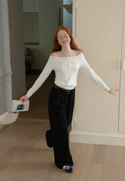 Off Shoulder Henley Long Sleeve Knit Sweater