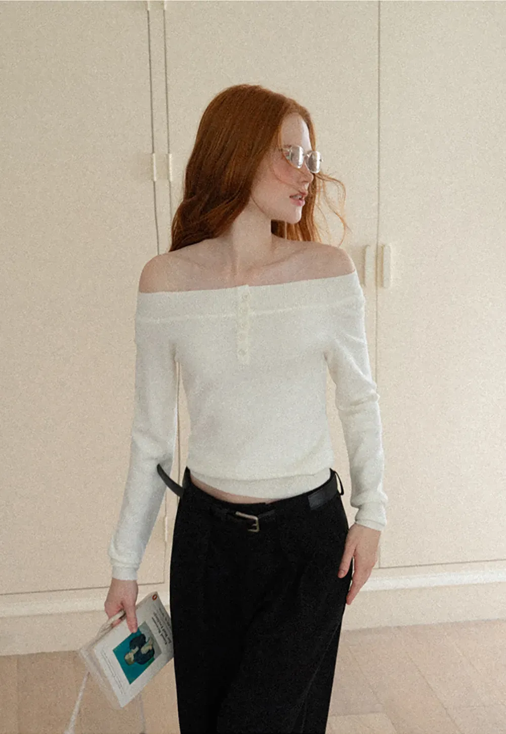 Off Shoulder Henley Long Sleeve Knit Sweater