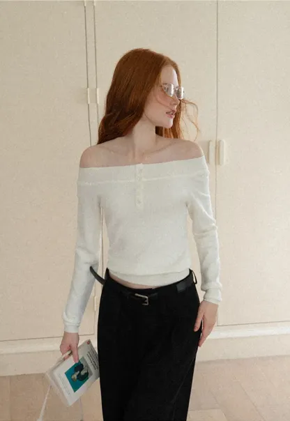 Off Shoulder Henley Long Sleeve Knit Sweater