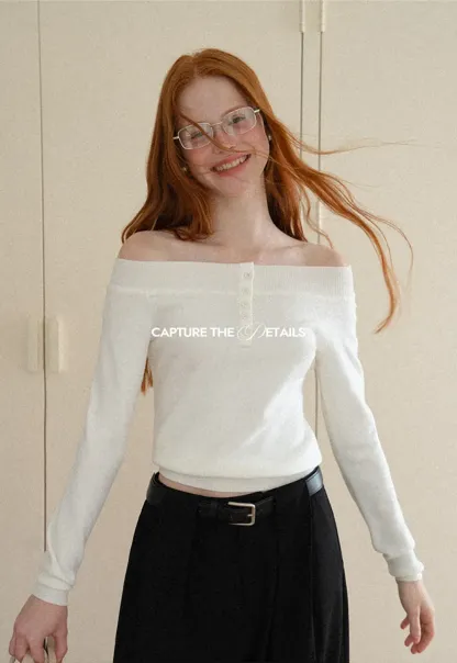 Off Shoulder Henley Long Sleeve Knit Sweater