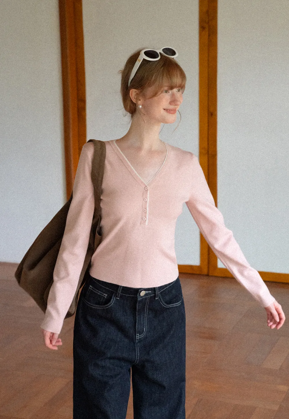V Neck Henley Placket Long Sleeve Woolen Knit Sweater
