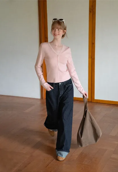 V Neck Henley Placket Long Sleeve Woolen Knit Sweater