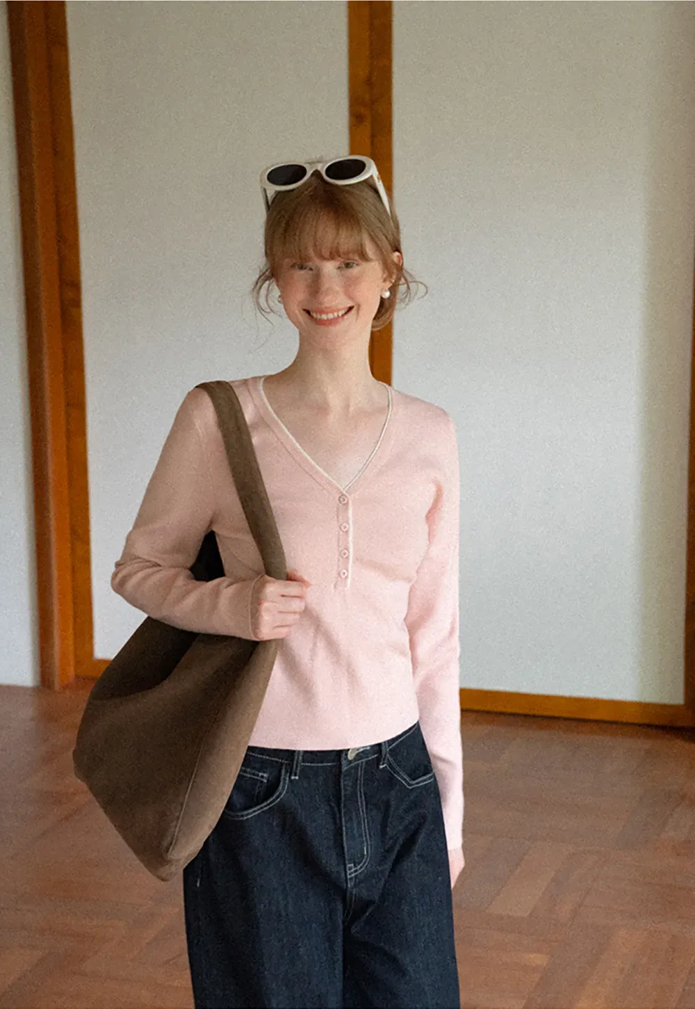 V Neck Henley Placket Long Sleeve Woolen Knit Sweater