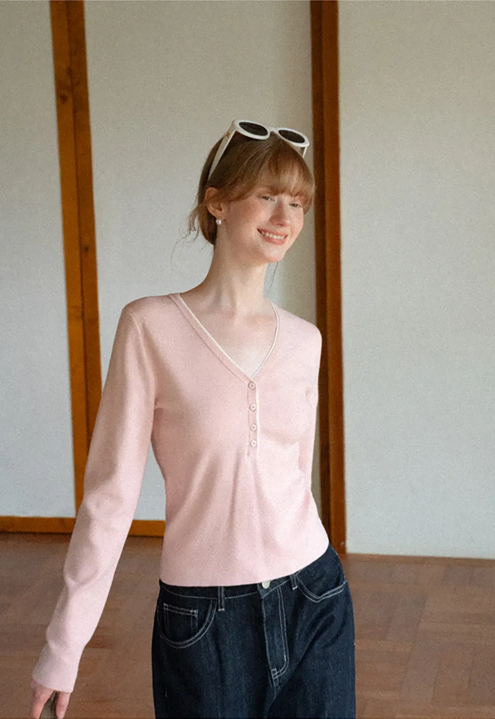 V Neck Henley Placket Long Sleeve Woolen Knit Sweater