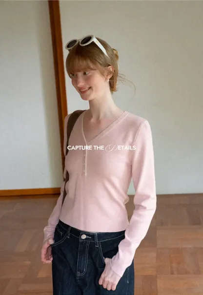 V Neck Henley Placket Long Sleeve Woolen Knit Sweater