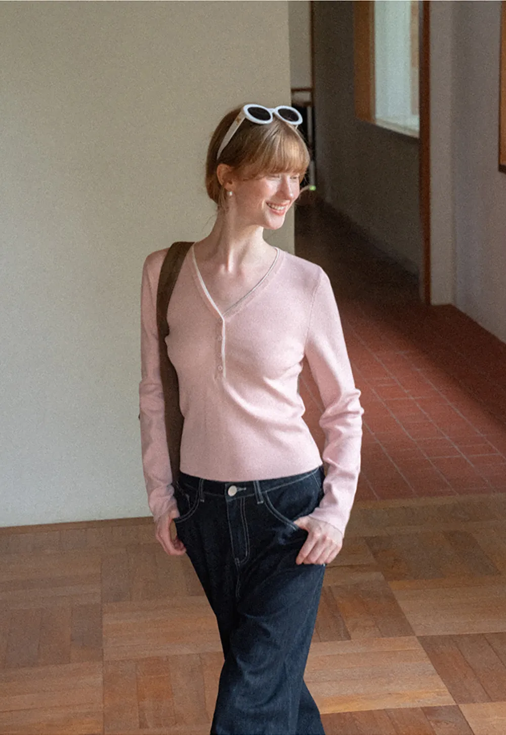 V Neck Henley Placket Long Sleeve Woolen Knit Sweater