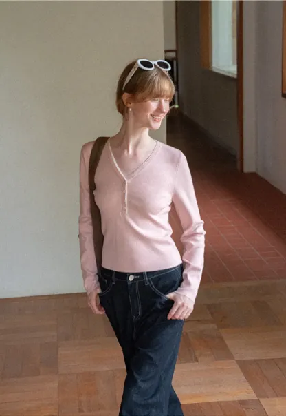 V Neck Henley Placket Long Sleeve Woolen Knit Sweater