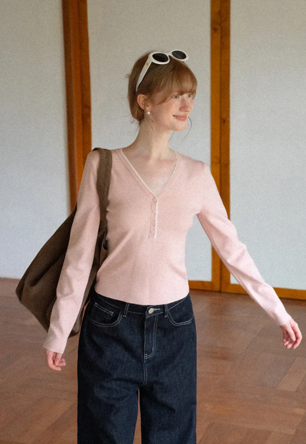 V Neck Henley Placket Long Sleeve Woolen Knit Sweater