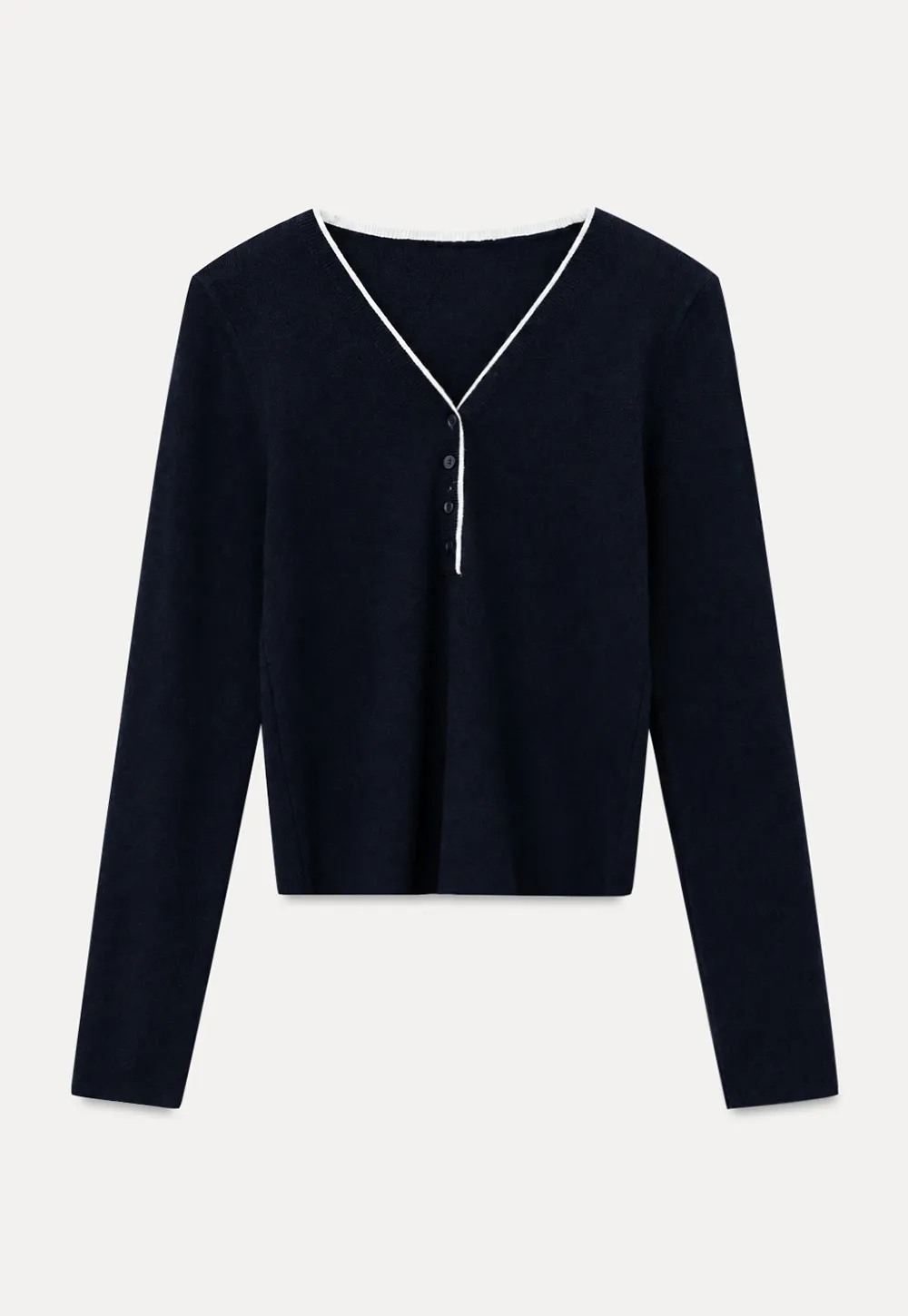 V Neck Henley Placket Long Sleeve Woolen Knit Sweater