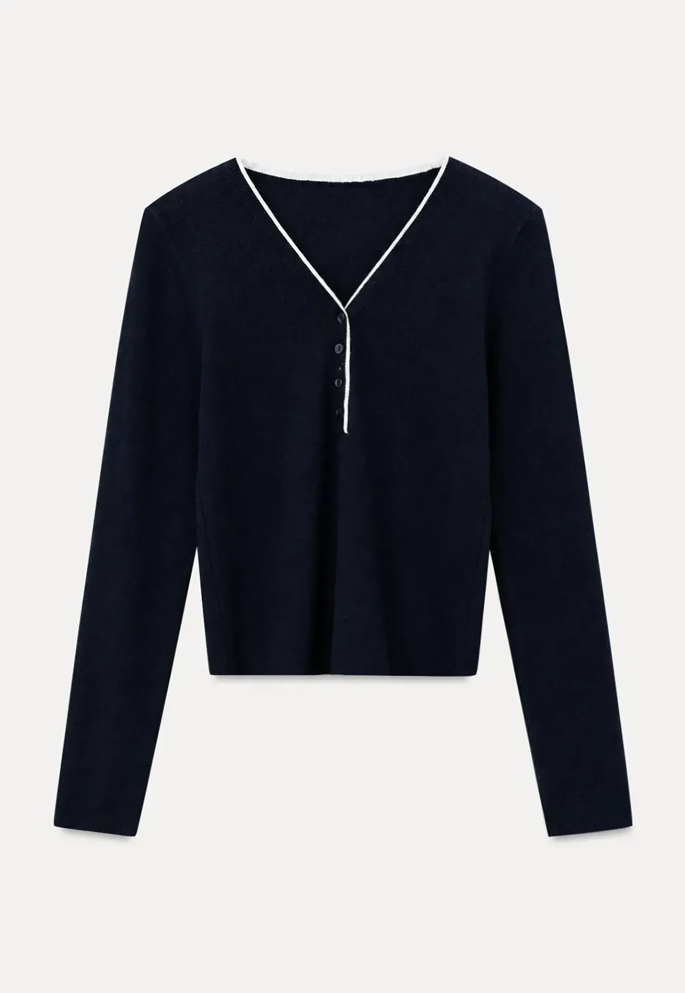 V Neck Henley Placket Long Sleeve Woolen Knit Sweater