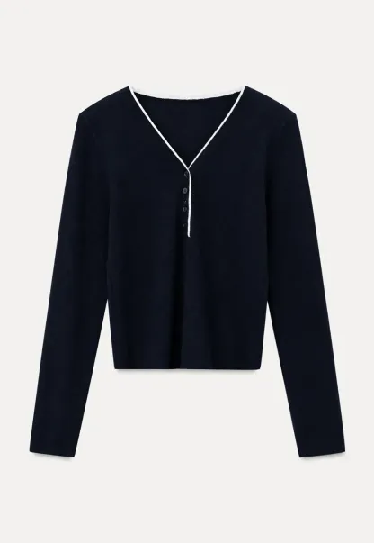 V Neck Henley Placket Long Sleeve Woolen Knit Sweater