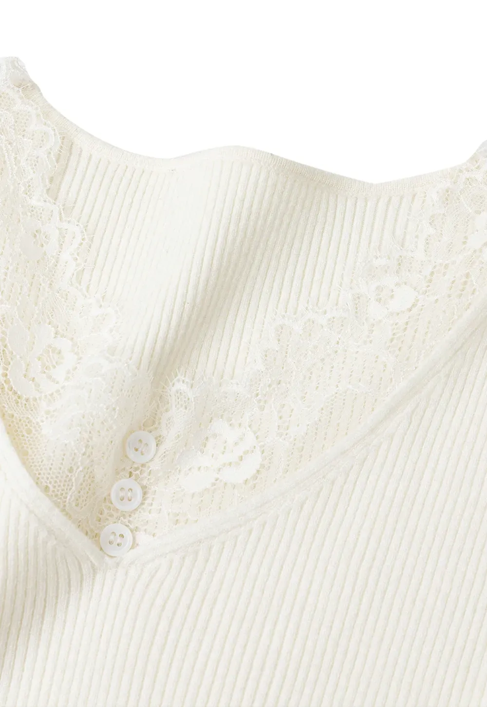 Lace Trim V Neck Ribbed Knit Sweater
