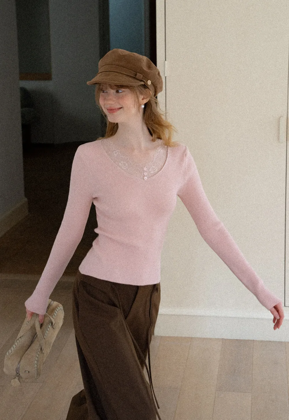 Lace Trim V Neck Ribbed Knit Sweater