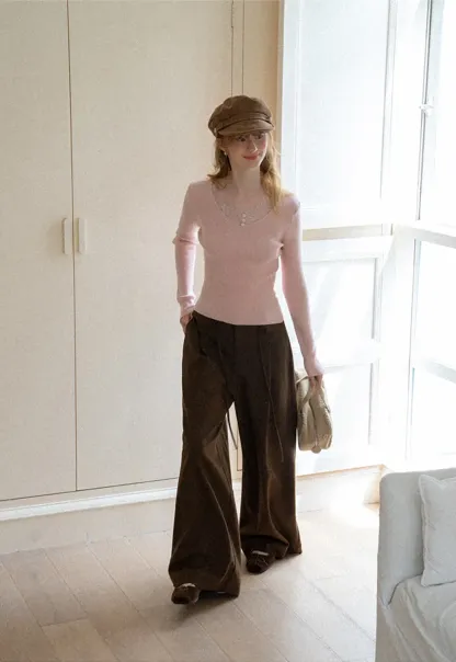 Lace Trim V Neck Ribbed Knit Sweater