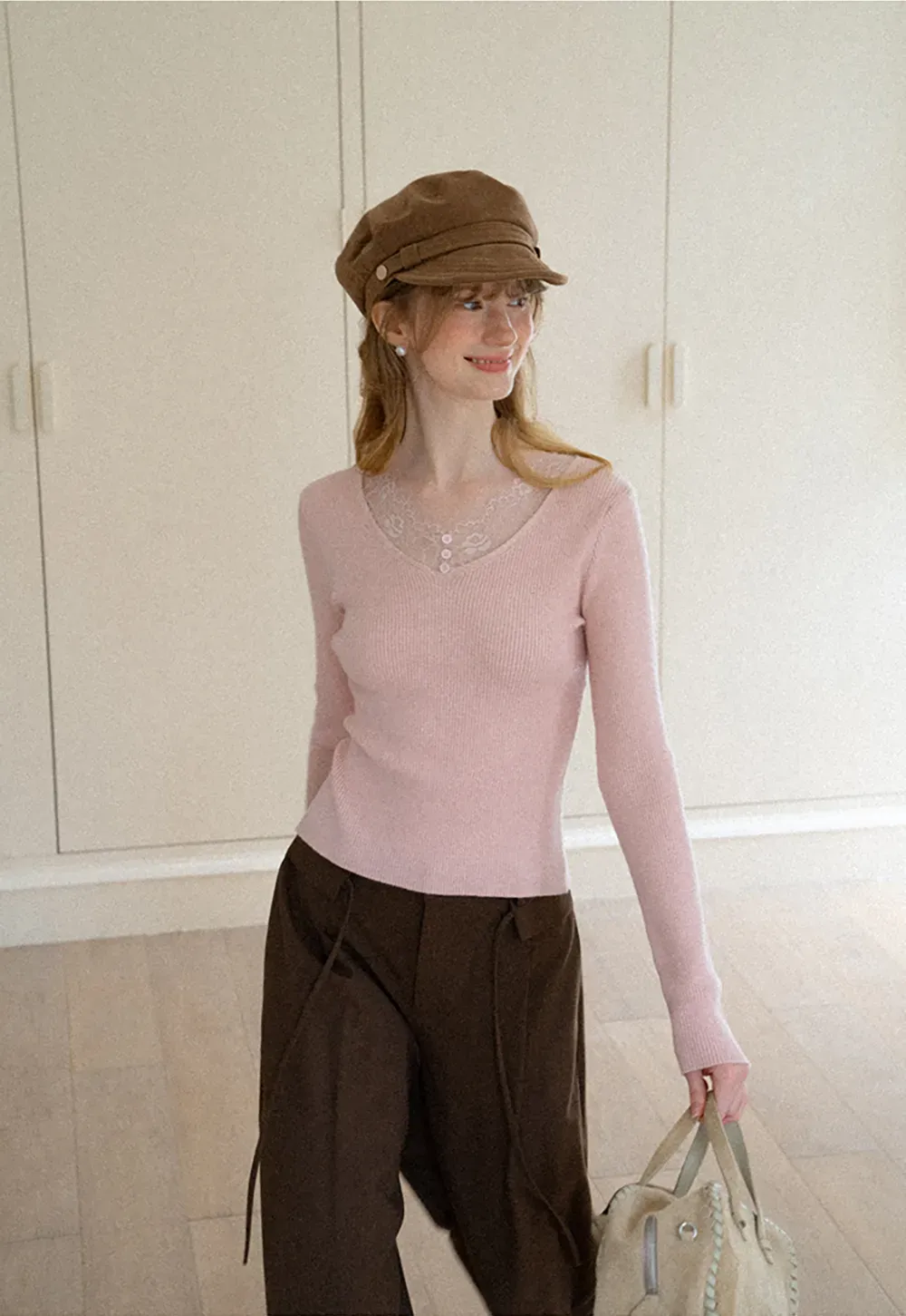 Lace Trim V Neck Ribbed Knit Sweater