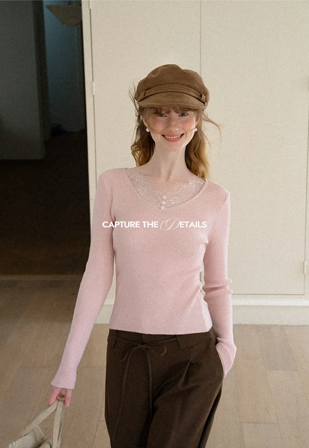 Lace Trim V Neck Ribbed Knit Sweater