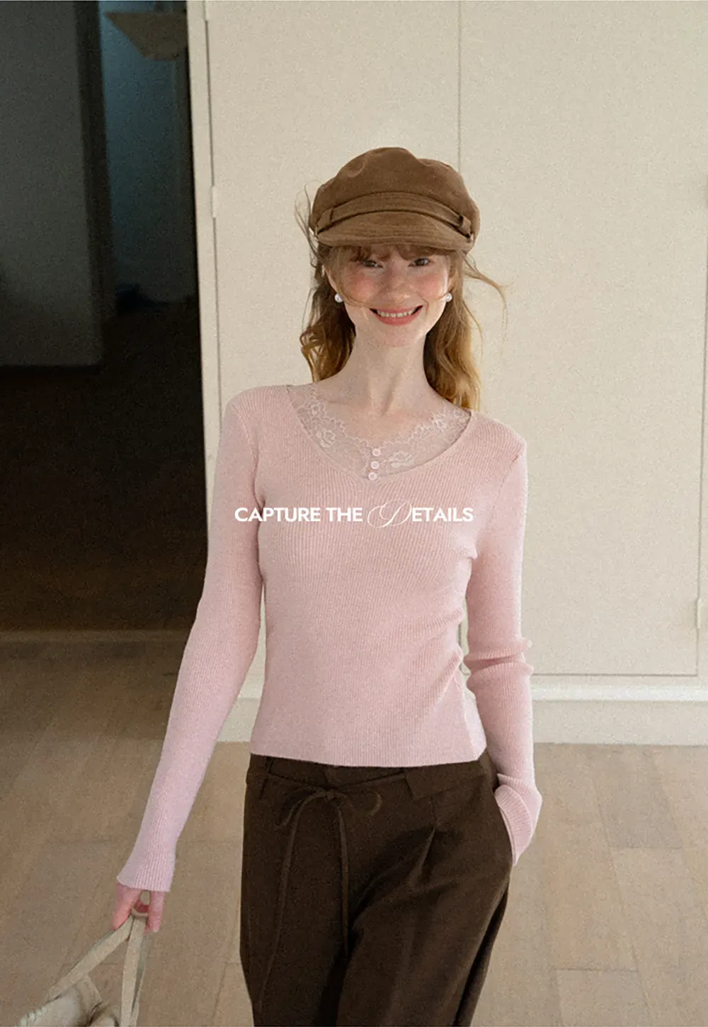 Lace Trim V Neck Ribbed Knit Sweater