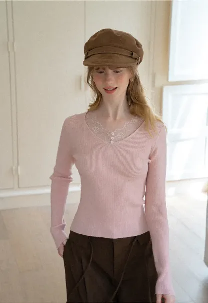 Lace Trim V Neck Ribbed Knit Sweater