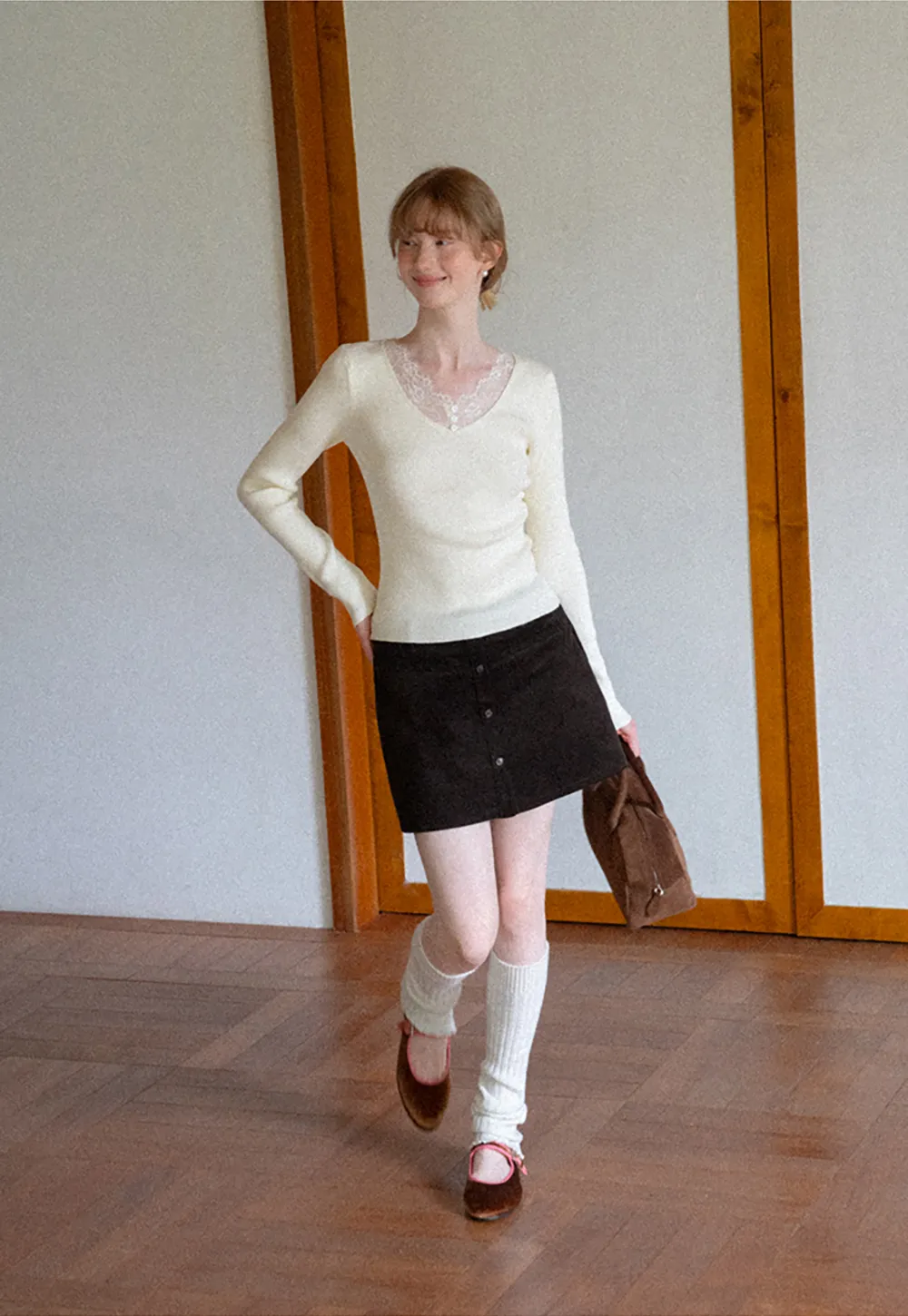 Lace Trim V Neck Ribbed Knit Sweater