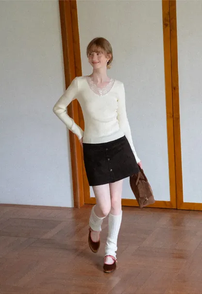 Lace Trim V Neck Ribbed Knit Sweater