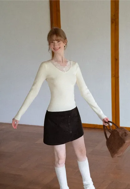 Lace Trim V Neck Ribbed Knit Sweater