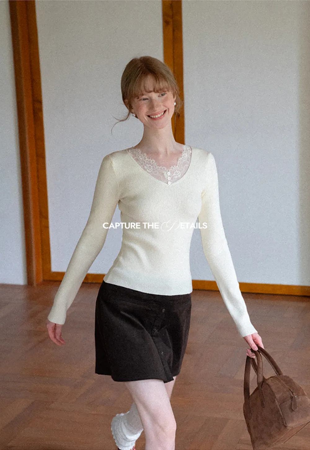 Lace Trim V Neck Ribbed Knit Sweater