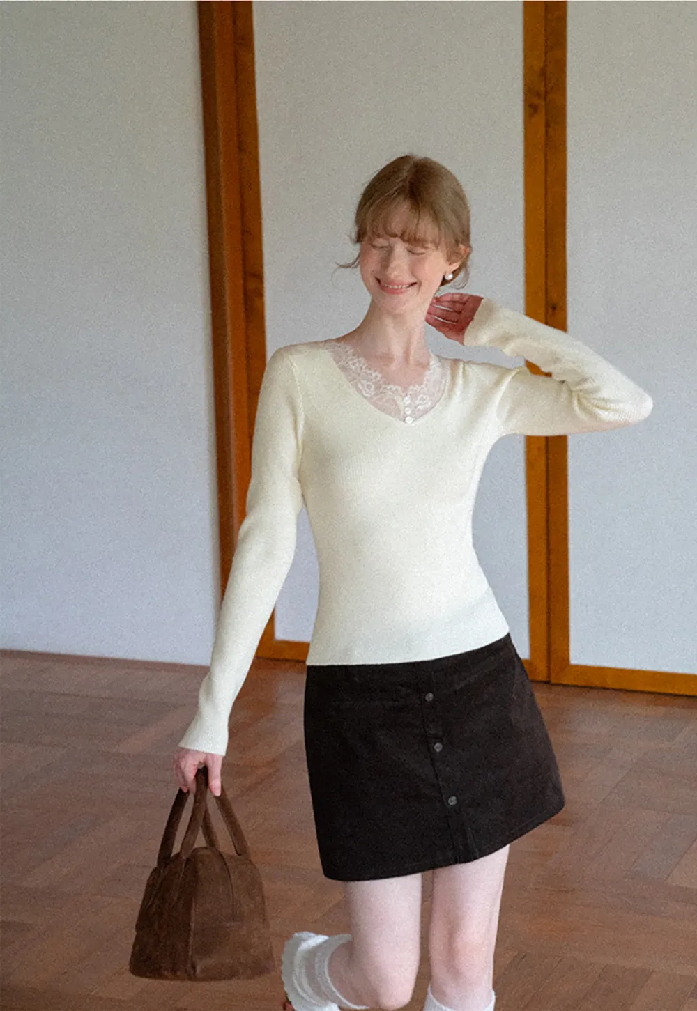 Lace Trim V Neck Ribbed Knit Sweater