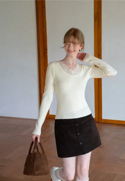 Lace Trim V Neck Ribbed Knit Sweater