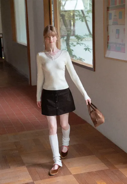 Lace Trim V Neck Ribbed Knit Sweater