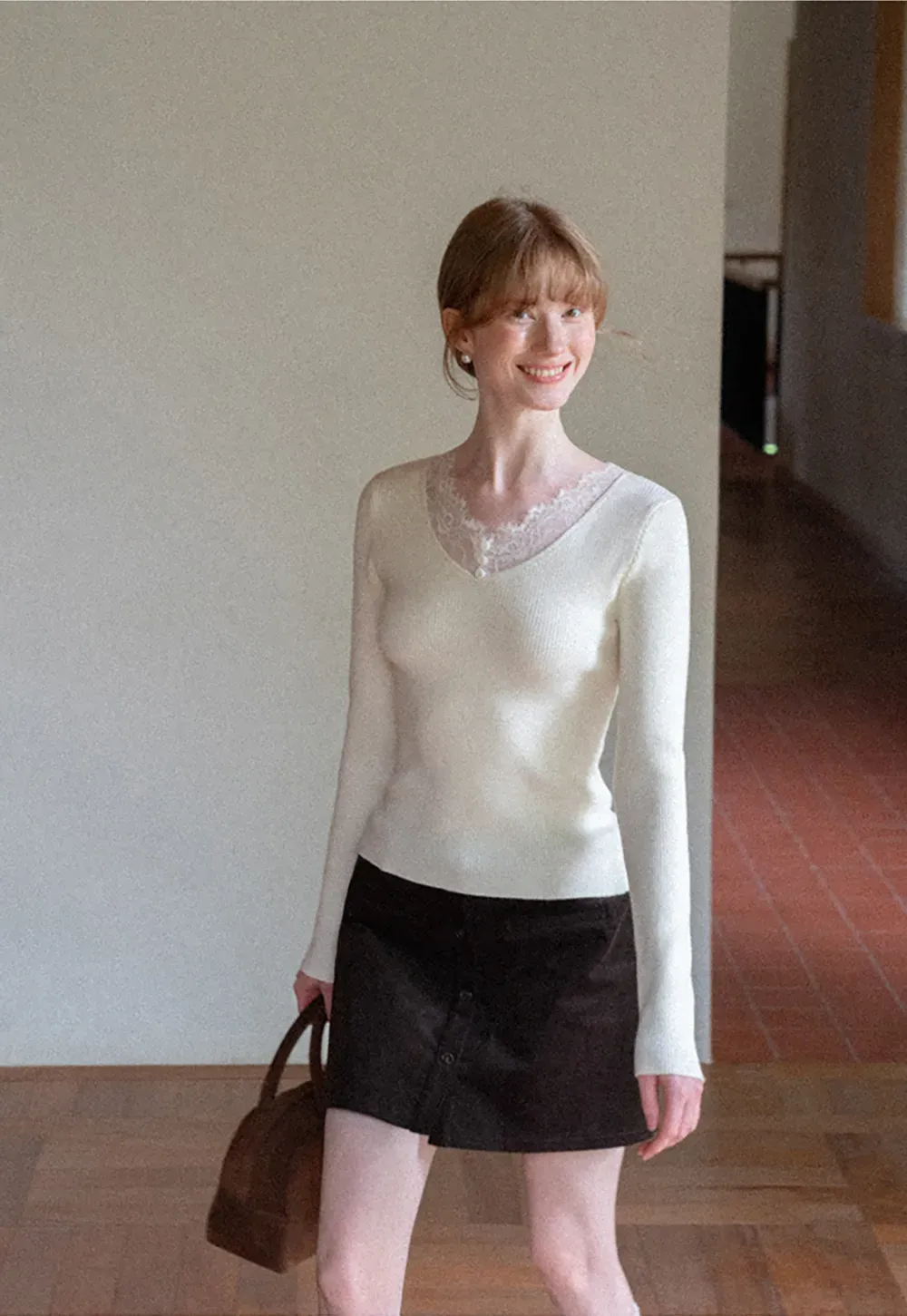 Lace Trim V Neck Ribbed Knit Sweater