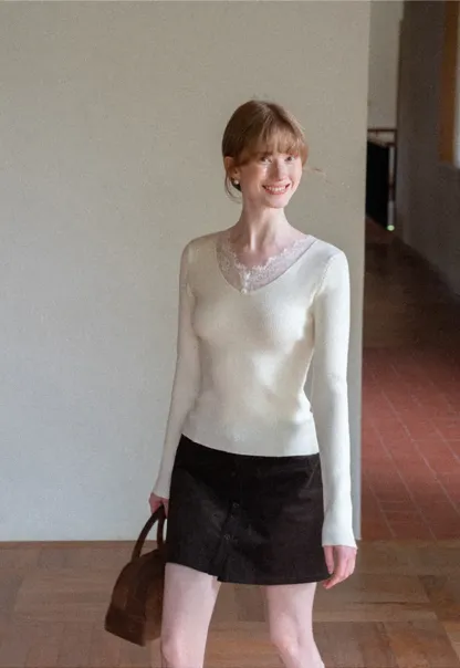 Lace Trim V Neck Ribbed Knit Sweater
